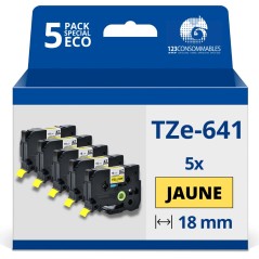 ✅ Pack de 5 Rubans compatible avec Brother TZe641 - Texte noir sur fond jaune - Largeur 18 mm x 8 mètres couleu en stock