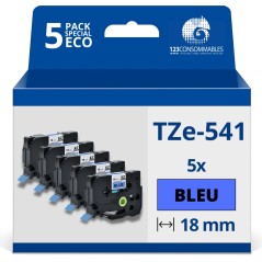✅ Pack de 5 Rubans compatible avec Brother TZe541 - Texte noir sur fond bleu - Largeur 18 mm x 8 mètres couleur en stock
