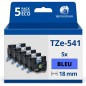 Pack de 5 Rubans compatible avec Brother TZe541 - Texte noir sur fond bleu - Largeur 18 mm x 8 mètres Pack de 5 Rubans compatible avec Brother TZe541 - Texte noir sur fond bleu - Largeur 18 mm x 8 mètres