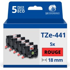 ✅ Pack de 5 Rubans compatible avec Brother TZe441 - Texte noir sur fond rouge - Largeur 18 mm x 8 mètres couleu en stock
