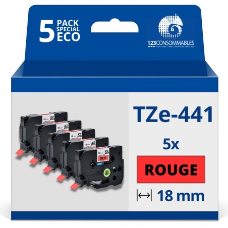 ✅ Pack de 5 Rubans compatible avec Brother TZe441 - Texte noir sur fond rouge - Largeur 18 mm x 8 mètres couleu en stock