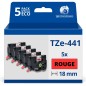 Pack de 5 Rubans compatible avec Brother TZe441 - Texte noir sur fond rouge - Largeur 18 mm x 8 mètres Pack de 5 Rubans compatible avec Brother TZe441 - Texte noir sur fond rouge - Largeur 18 mm x 8 mètres