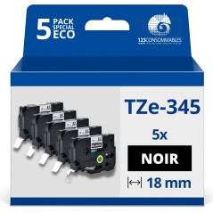✅ Pack de 5 Rubans compatible avec Brother TZe345 - Texte blanc sur fond noir - Largeur 18 mm x 8 mètres couleu en stock