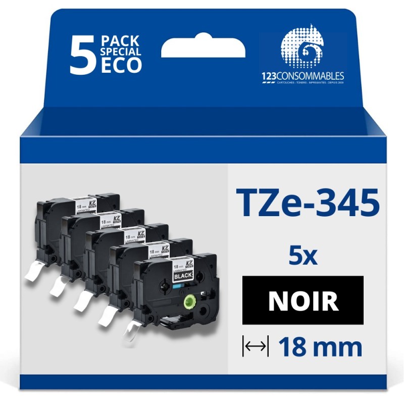 Pack de 5 Rubans compatible avec Brother TZe345 - Texte blanc sur fond noir - Largeur 18 mm x 8 mètres Pack de 5 Rubans compatible avec Brother TZe345 - Texte blanc sur fond noir - Largeur 18 mm x 8 mètres