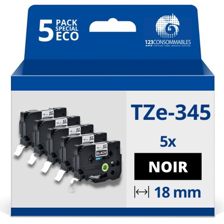 ✅ Pack de 5 Rubans compatible avec Brother TZe345 - Texte blanc sur fond noir - Largeur 18 mm x 8 mètres couleu en stock