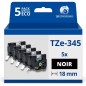 Pack de 5 Rubans compatible avec Brother TZe345 - Texte blanc sur fond noir - Largeur 18 mm x 8 mètres Pack de 5 Rubans compatible avec Brother TZe345 - Texte blanc sur fond noir - Largeur 18 mm x 8 mètres