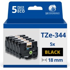 ✅ Pack de 5 Rubans compatible avec Brother TZe344 - Texte doré sur fond noir - Largeur 18 mm x 8 mètres couleu en stock