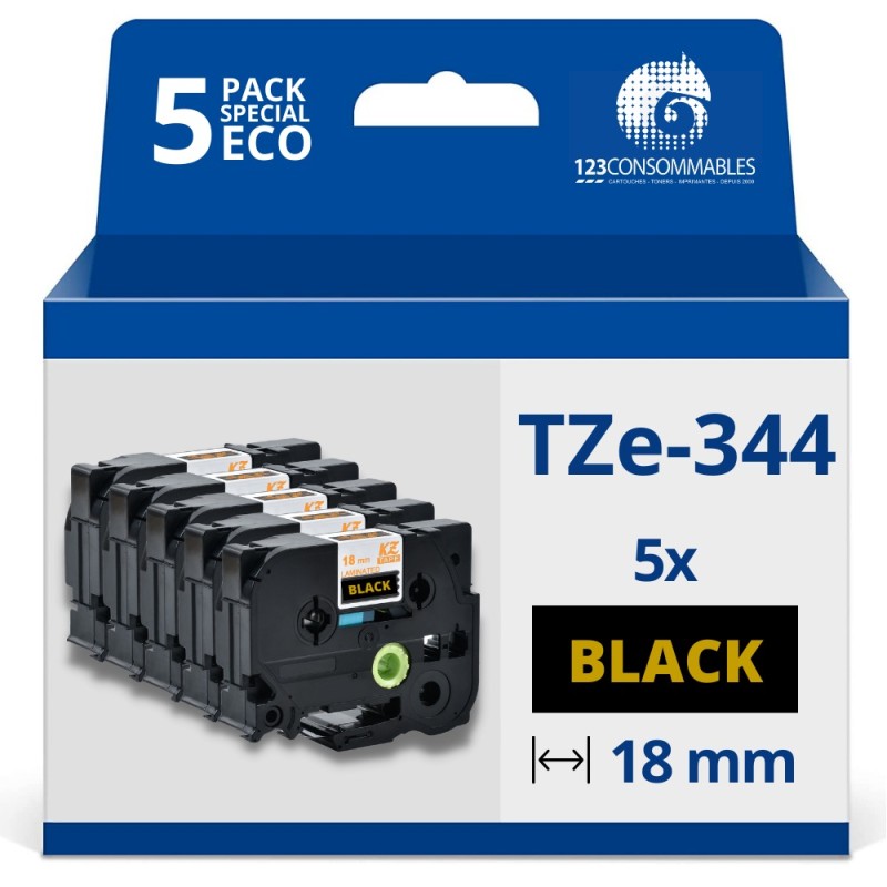 Pack de 5 Rubans compatible avec Brother TZe344 - Texte doré sur fond noir - Largeur 18 mm x 8 mètres Pack de 5 Rubans compatible avec Brother TZe344 - Texte doré sur fond noir - Largeur 18 mm x 8 mètres