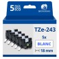 Pack de 5 Rubans compatible avec Brother TZe243 - Texte bleu sur fond blanc - Largeur 18 mm x 8 mètres Pack de 5 Rubans compatible avec Brother TZe243 - Texte bleu sur fond blanc - Largeur 18 mm x 8 mètres