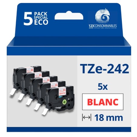 ✅ Pack de 5 Rubans compatible avec Brother TZe242 - Texte rouge sur fond blanc - Largeur 18 mm x 8 mètres coule en stock