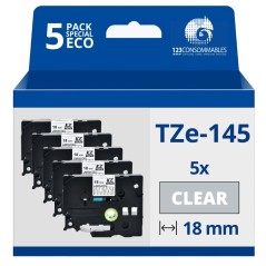 ✅ Pack de 5 Rubans compatible avec Brother TZe145 - Texte blanc sur fond transparent - Largeur 18 mm x 8 mètres en stock