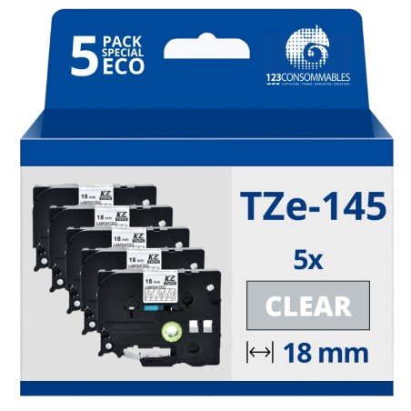 ✅ Pack de 5 Rubans compatible avec Brother TZe145 - Texte blanc sur fond transparent - Largeur 18 mm x 8 mètres en stock