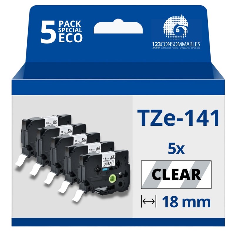 Pack de 5 Rubans compatible avec Brother TZe141 - Texte noir sur fond transparent - Largeur 18 mm x 8 mètres Pack de 5 Rubans compatible avec Brother TZe141 - Texte noir sur fond transparent - Largeur 18 mm x 8 mètres