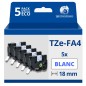 Pack de 5 Rubans textiles compatible avec Brother TZeFA4 - Texte bleu sur fond blanc - Largeur 18 mm x 3 mètres Pack de 5 Rubans textiles compatible avec Brother TZeFA4 - Texte bleu sur fond blanc - Largeur 18 mm x 3 mètres