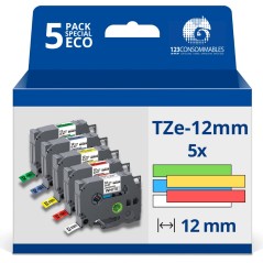 ✅ Pack de 5 Rubans adhésifs compatible avec Brother - Texte noir sur fond couleurs - Largeur 12 mm x 8 mètres en stock