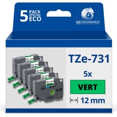✅ Pack de 5 Rubans adhésifs compatible avec Brother TZe731- Texte noir sur fond vert - Largeur 12 mm x 8 mètre en stock