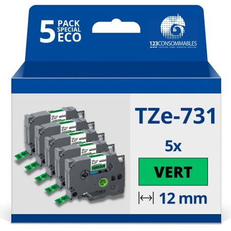 ✅ Pack de 5 Rubans adhésifs compatible avec Brother TZe731- Texte noir sur fond vert - Largeur 12 mm x 8 mètre en stock