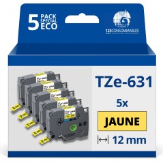✅ Pack de 5 Rubans adhésifs compatible avec Brother TZe631- Texte noir sur fond jaune - Largeur 12 mm x 8 mètr en stock