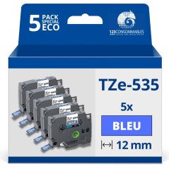 ✅ Pack de 5 Rubans adhésifs compatible avec Brother TZe535- Texte blanc sur fond bleu - Largeur 12 mm x 8 mètr en stock