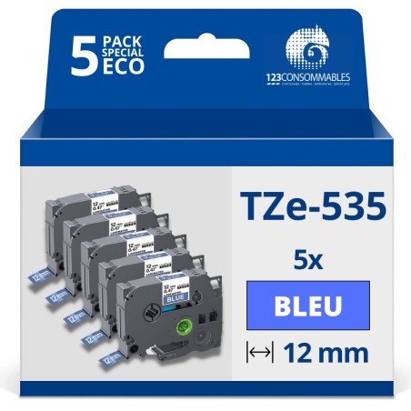 ✅ Pack de 5 Rubans adhésifs compatible avec Brother TZe535- Texte blanc sur fond bleu - Largeur 12 mm x 8 mètr en stock