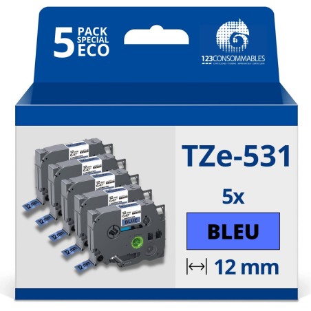 ✅ Pack de 5 Rubans adhésifs compatible avec Brother TZe531- Texte noir sur fond bleu - Largeur 12 mm x 8 mètre en stock