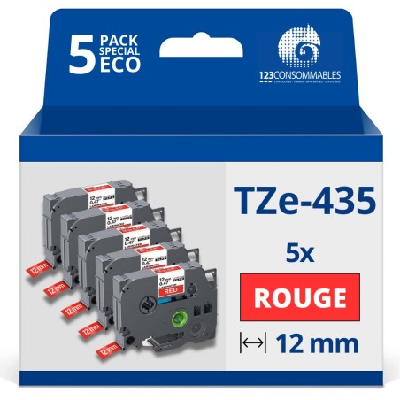 ✅ Pack de 5 Rubans adhésifs compatible avec Brother TZe435- Texte blanc sur fond rouge - Largeur 12 mm x 8 mèt en stock