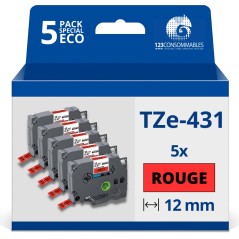 ✅ Pack de 5 Rubans adhésifs compatible avec Brother TZe431- Texte noir sur fond rouge - Largeur 12 mm x 8 mètr en stock