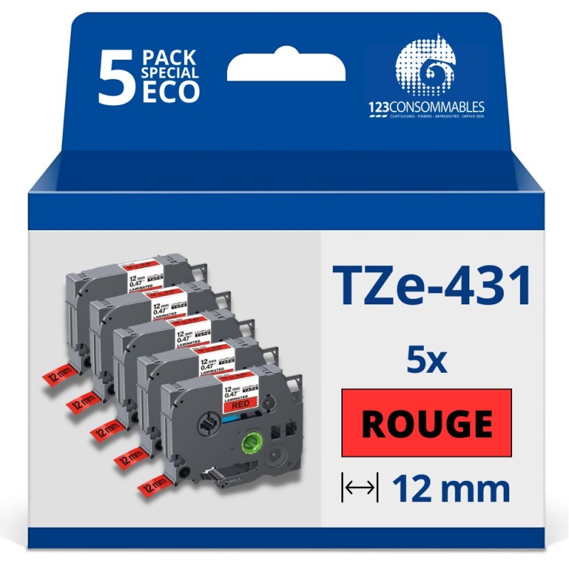 Pack de 5 Rubans adhésifs compatible avec Brother TZe431- Texte noir sur fond rouge - Largeur 12 mm x 8 mètres Pack de 5 Rubans adhésifs compatible avec Brother TZe431- Texte noir sur fond rouge - Largeur 12 mm x 8 mètres