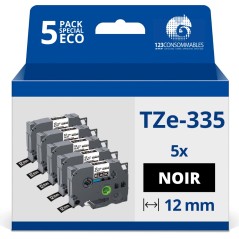 ✅ Pack de 5 Rubans adhésifs compatible avec Brother TZe335- Texte blanc sur fond noir - Largeur 12 mm x 8 mètr en stock
