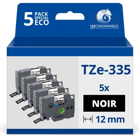 ✅ Pack de 5 Rubans adhésifs compatible avec Brother TZe335- Texte blanc sur fond noir - Largeur 12 mm x 8 mètr en stock