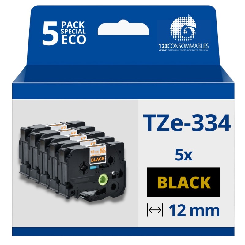 Pack de 5 Rubans adhésifs compatible avec Brother TZe334- Texte doré sur fond noir - Largeur 12 mm x 8 mètres