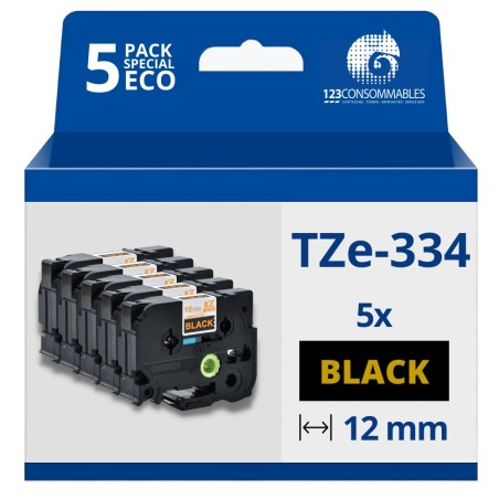 ✅ Pack de 5 Rubans adhésifs compatible avec Brother TZe334- Texte doré sur fond noir - Largeur 12 mm x 8 mètr en stock