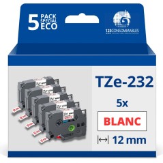 ✅ Pack de 5 Rubans adhésifs compatible avec Brother TZe232- Texte rouge sur fond blanc - Largeur 12 mm x 8 mèt en stock