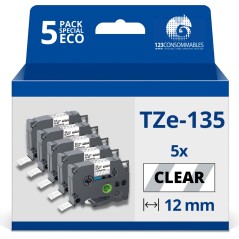 ✅ Pack de 5 Rubans adhésifs compatible avec Brother TZe135 - Texte blanc sur fond transparent - Largeur 12 mm x en stock