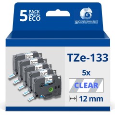 ✅ Pack de 5 Rubans adhésifs compatible avec Brother TZe133 - Texte bleu sur fond transparent - Largeur 12 mm x en stock
