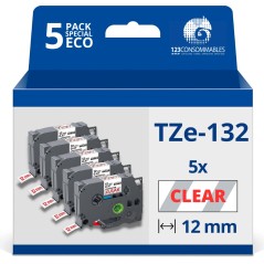 ✅ Pack de 5 Rubans adhésifs compatible avec Brother TZe132 - Texte rouge sur fond transparent - Largeur 12 mm x en stock