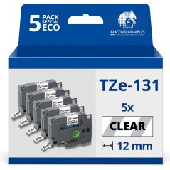 ✅ Pack de 5 Rubans adhésif compatible avec Brother TZe131 - Texte noir sur fond transparent - Largeur 12 mm x 8 en stock