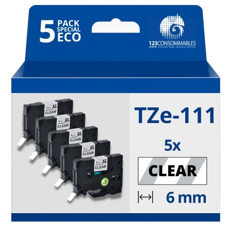 ✅ Ruban compatible BROTHER TZe111 - Texte noir sur fond transparent couleur Noir/transparent en stock