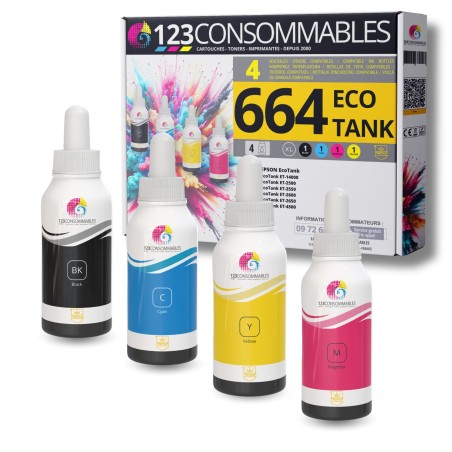 ✅ Pack compatible avec EPSON 664 ECOTANK, 4 bouteilles d'encre couleur pack en stock