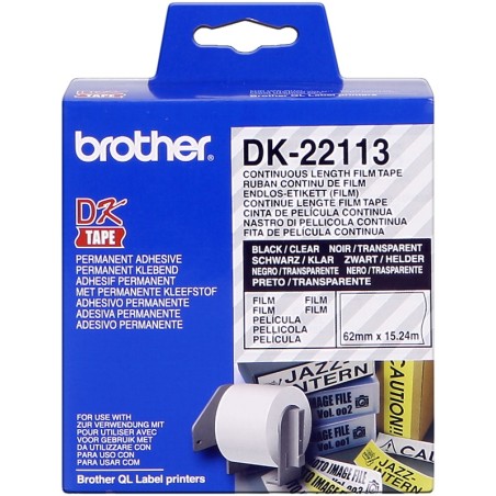 ✅ Brother Rouleau de film continu DK-22113 Noir sur transparent, 62 mm couleur Noir/transparent en stock