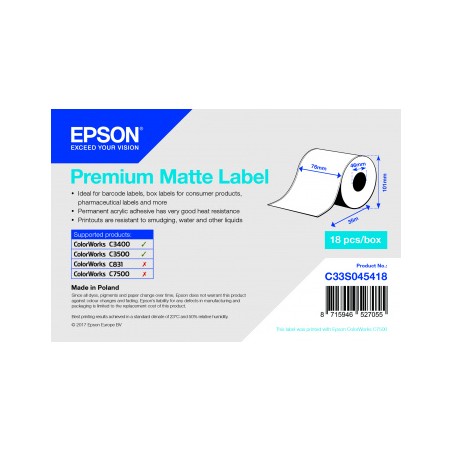 ✅ Epson C33S045418 (S045418) Rouleau adhesif continu Premium Matte 76mm x 35 mm pour TM-C3400 couleur Blanc en stock