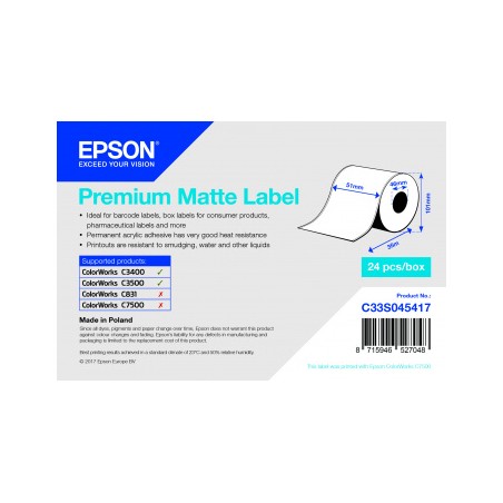 ✅ Epson C33S045417 (S045417) Rouleau adhesif continu Premium Matte 51mm x 35 mm pour TM-3400 couleur Autre en stock