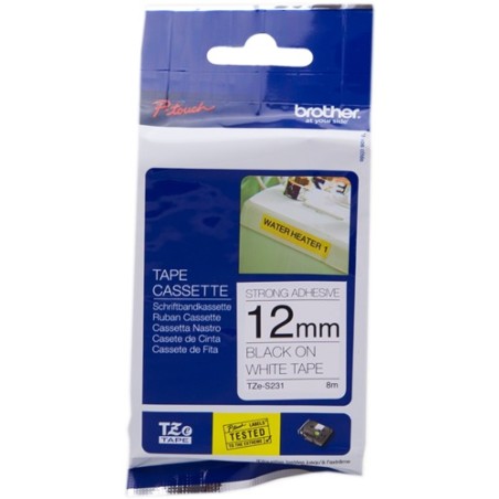 ✅ Brother TZe-S231 Ruban adhésif puissant noir/blanc - 12mm x 8m couleur Noir/blanc en stock