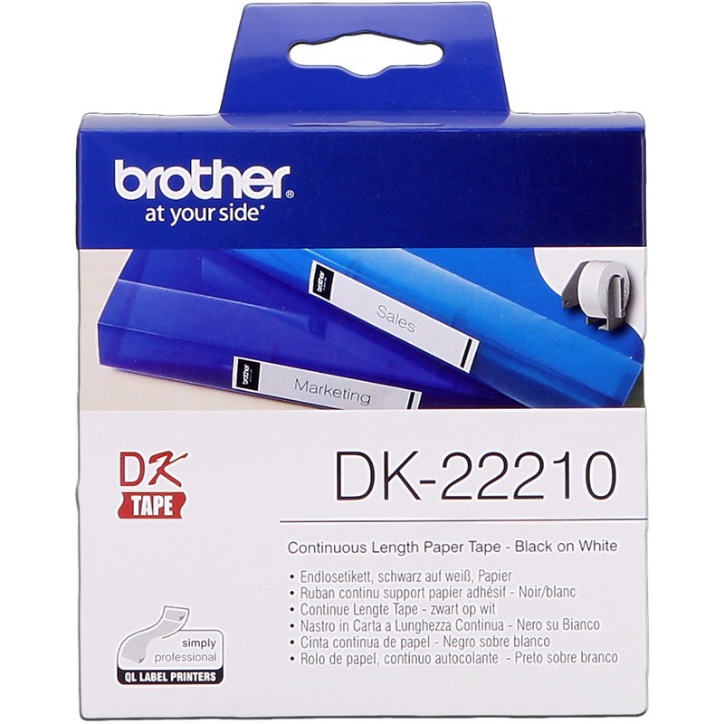Brother Rouleau de papier continu DK-22210 Noir sur blanc, 29 mm de large Brother Rouleau de papier continu DK-22210 Noir sur blanc, 29 mm de large