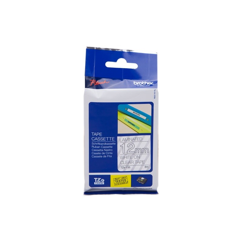 Brother ruban laminé blanc/transparent, 12 mm, TZe-135