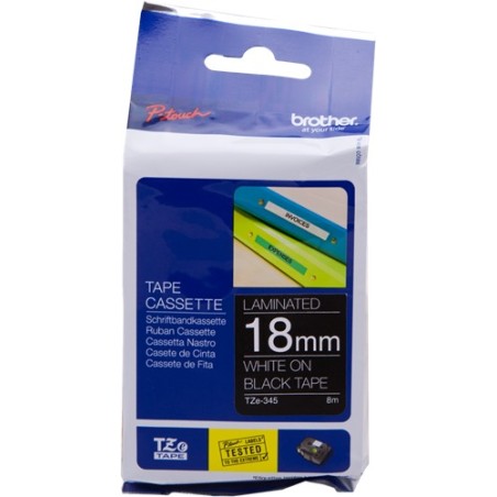 ✅ Brother TZe-345 (TZ-345) Ruban Blanc sur noir couleur Blanc/noir en stock