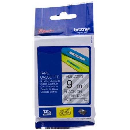 ✅ Brother TZe-121 (TZ-121) Ruban Noir sur transparent couleur Noir/transparent en stock
