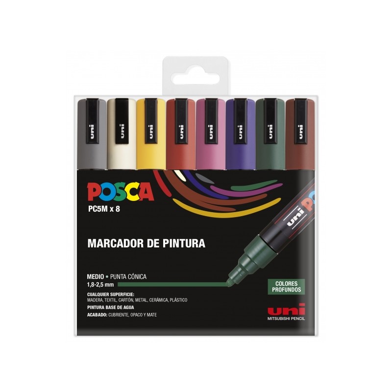 Posca PC-5M Étui de 8 marqueurs peinture - Pointe ogive 1,8-2,5 mm - Encre à base d'eau - Résistant à la lumière - Non