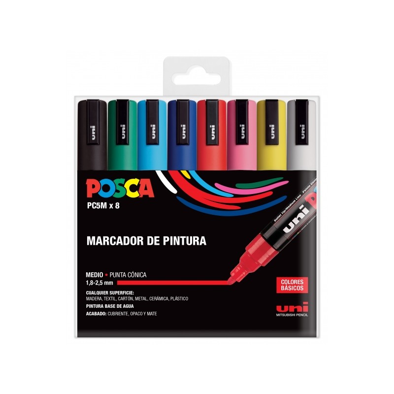 Posca PC-5M/8C Etui de 8 Marqueurs Peinture - Pointe Polyester 1,8-2,5 mm - Encre à Base d'Eau - Résistant à la Lumière - Non