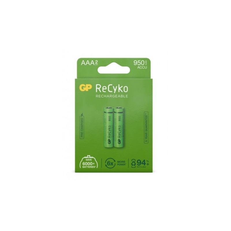 GP ReCyko Pack de 2 Piles Rechargeables 950mAh AAA 1.2V - Préchargées - Cycle de Vie : Jusqu'à 1000 Fois